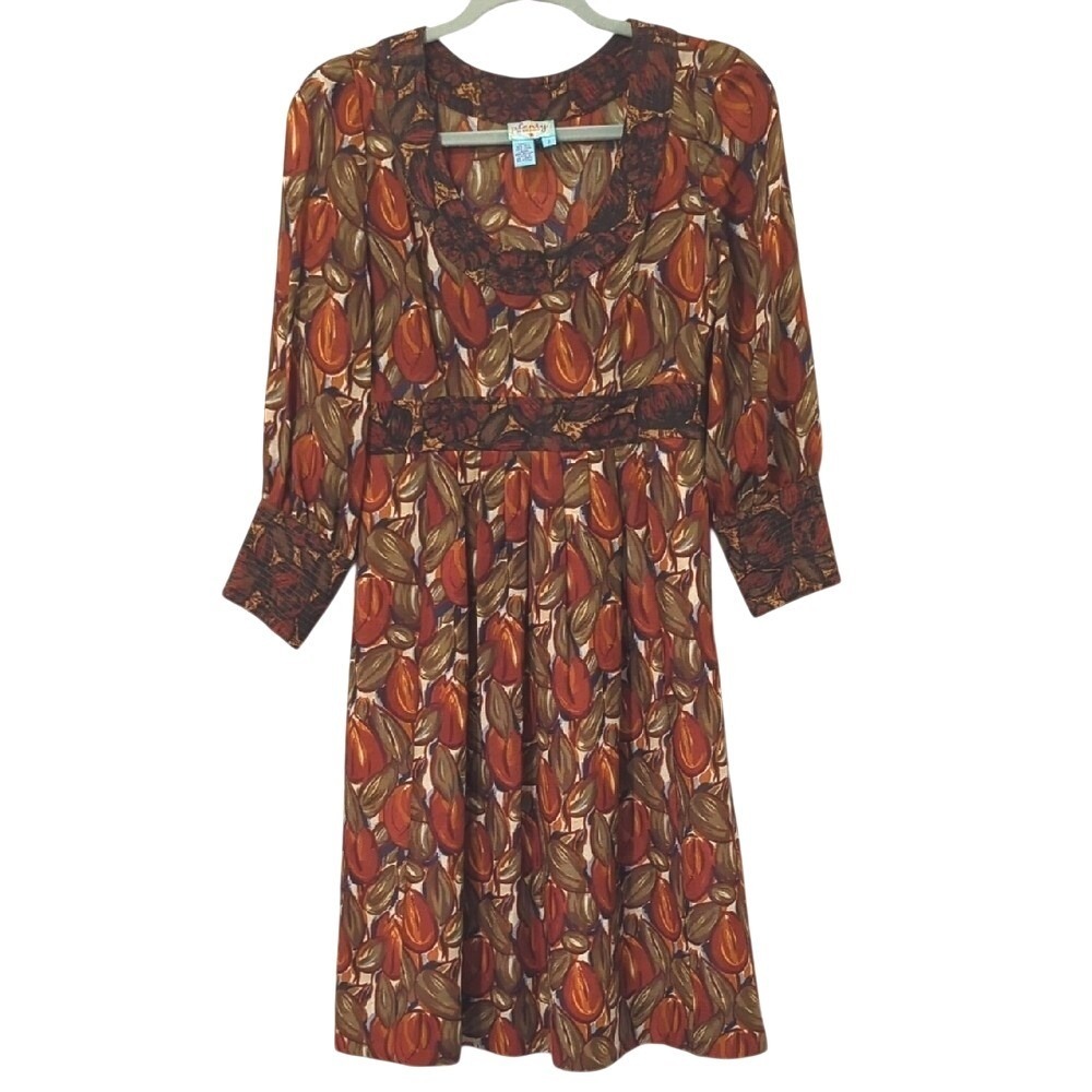 Silk Wool Dress Leaf Print Empire Waist Dress Orange size 2 Anthropologie